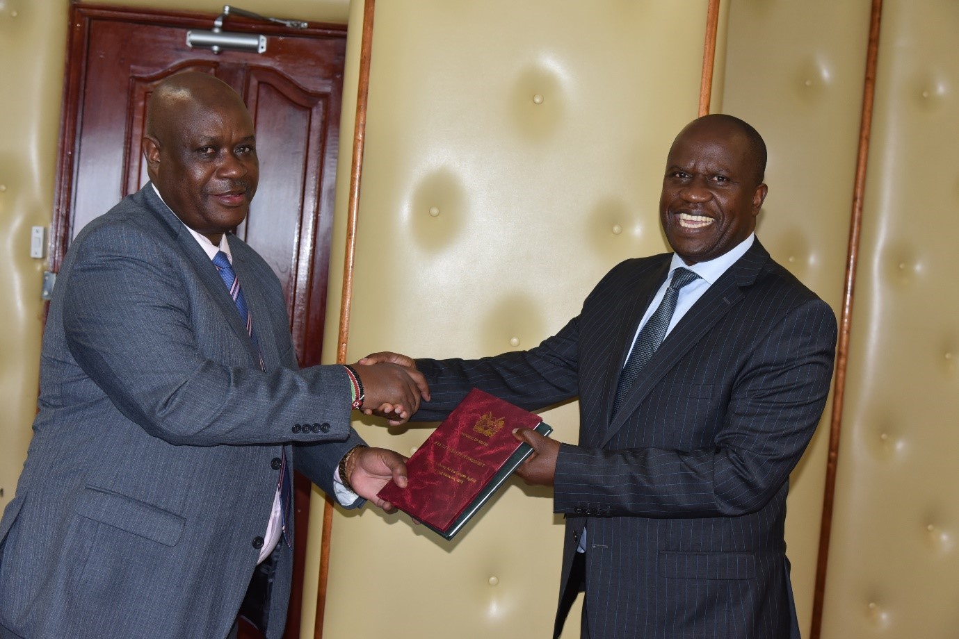 Mr. Victor Okioma, CEO (left), welcoming Rev. Dr. Stephen K. Mairori, new Board Chair at NACADA offices on January 24, 2023