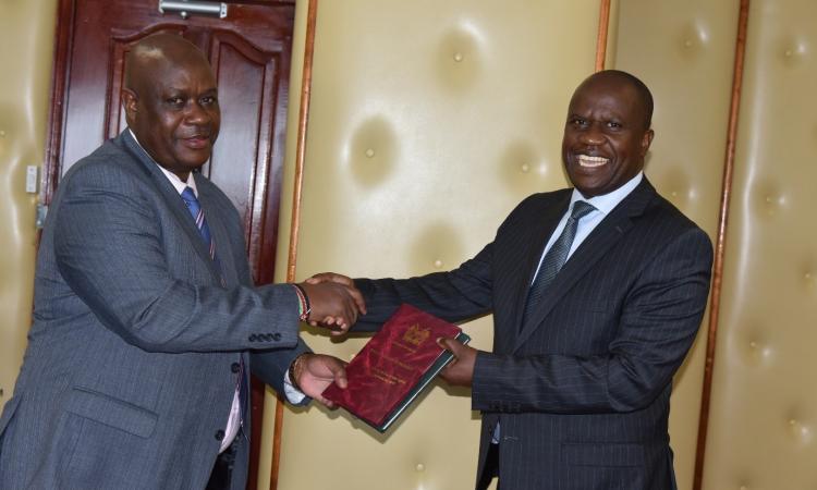 Mr. Victor Okioma, CEO (left), welcoming Rev. Dr. Stephen K. Mairori, new Board Chair at NACADA offices on January 24, 2023